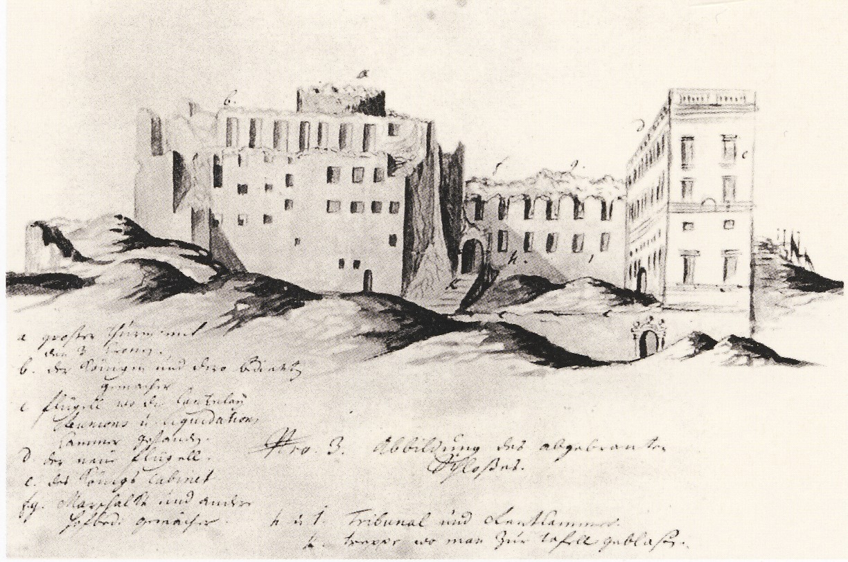 The remains of the destroyed palace depicted by an unknown artist. Wikimedia Commons