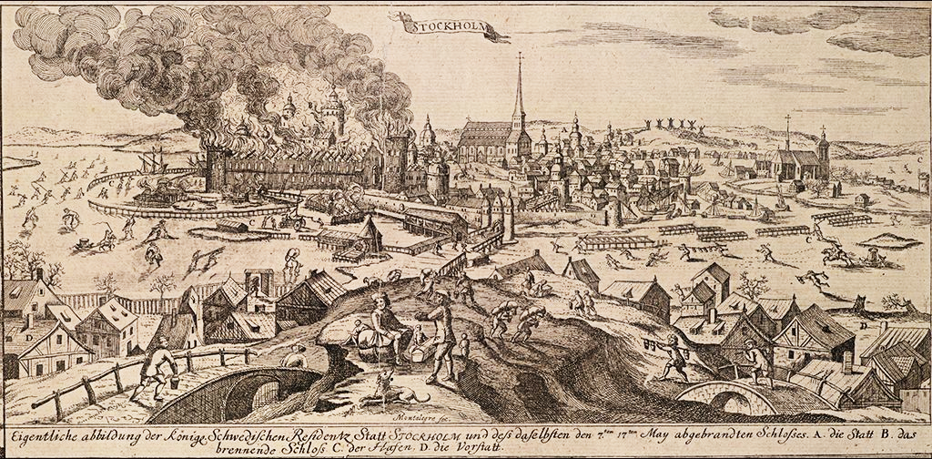 An etching of the fire in Stockholm in 1697 by Joseph à Montalegre. The image shows concerned citizens arriving across the ice of the Baltic (on the left of the palace) and Lake Mälaren (to the right) to help save the structure. The city had been ice-locked well into spring of 1697 year, but in reality the water had opened when the fire occurred. Wikimedia Commons